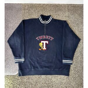 Vintage Tweety Bird WB Studio Store Looney Tunes 1/4 Zip Sweatshirt XXL Navy
